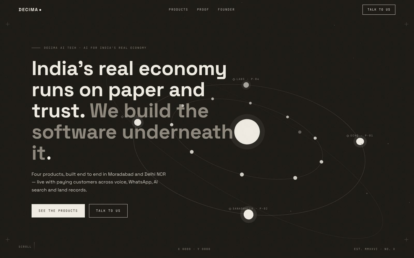 Decima AI Tech home page with an orbit map of its products