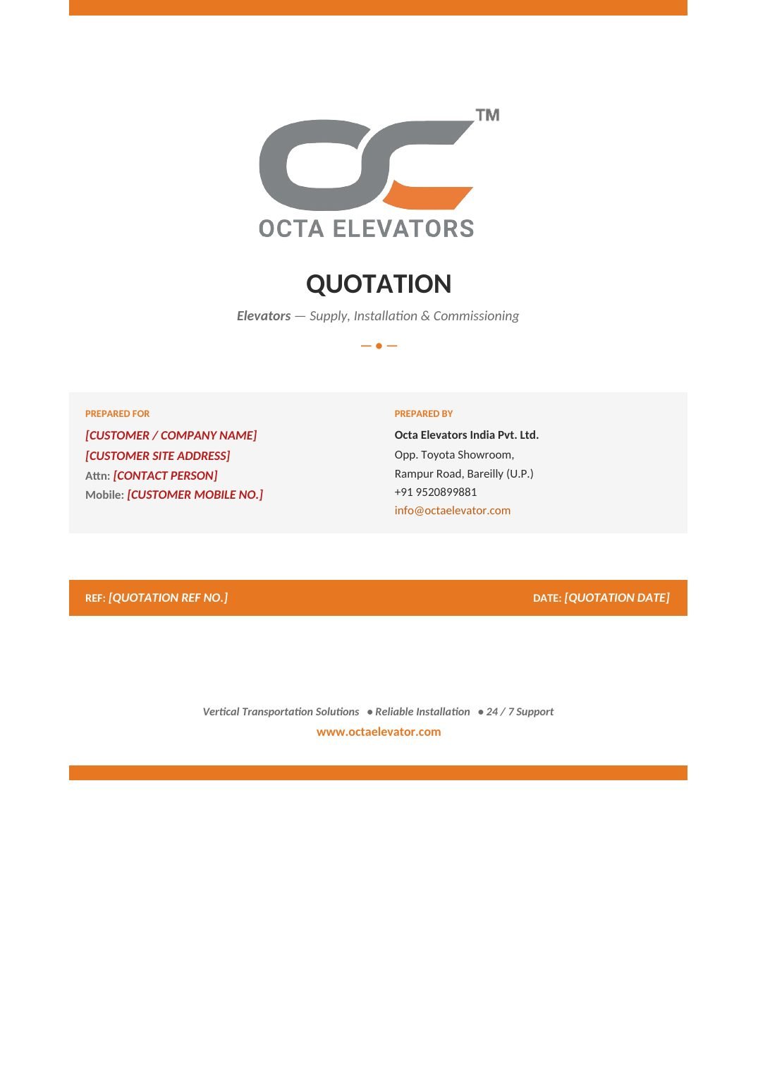 Octa quotation page: Cover with the customer’s details as fill-in fields