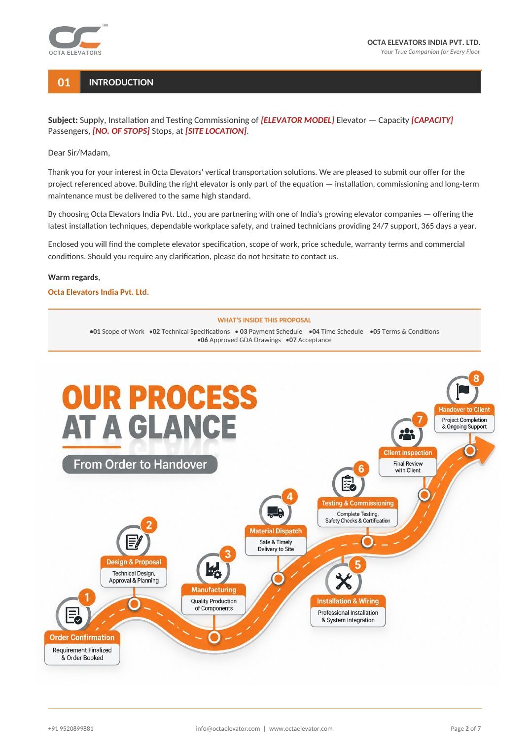 Octa quotation page: Introduction letter and a process map from order to handover