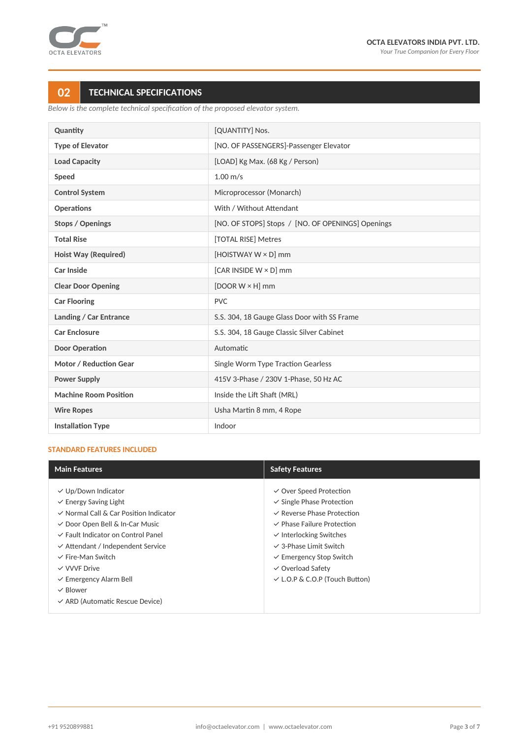 Octa quotation page: Technical specification and standard features