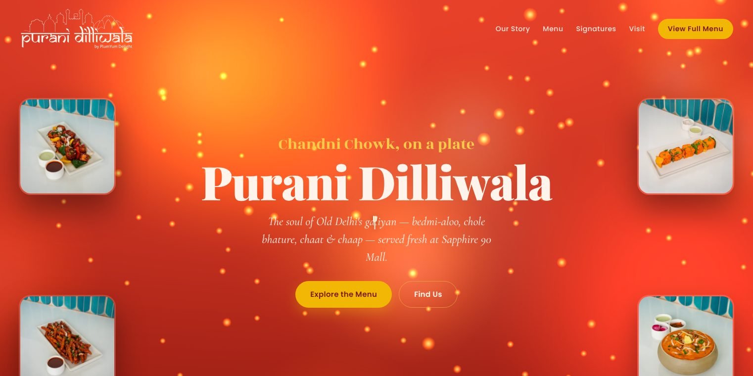 Purani Dilliwala home page: Chandni Chowk, on a plate, with dish photos floating over a warm red glow