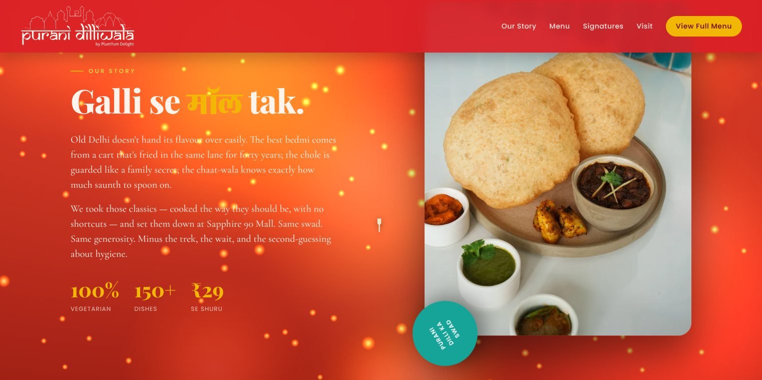 Our story section: Galli se mall tak, with a plate of bedmi-aloo
