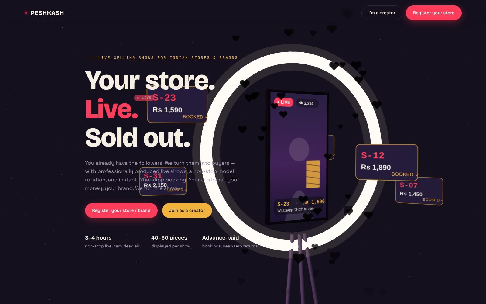 Peshkash home page: Your store. Live. Sold out.