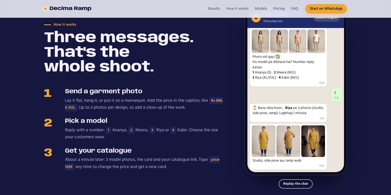 How it works: send a garment photo, pick a model, get your catalogue, with a WhatsApp chat preview