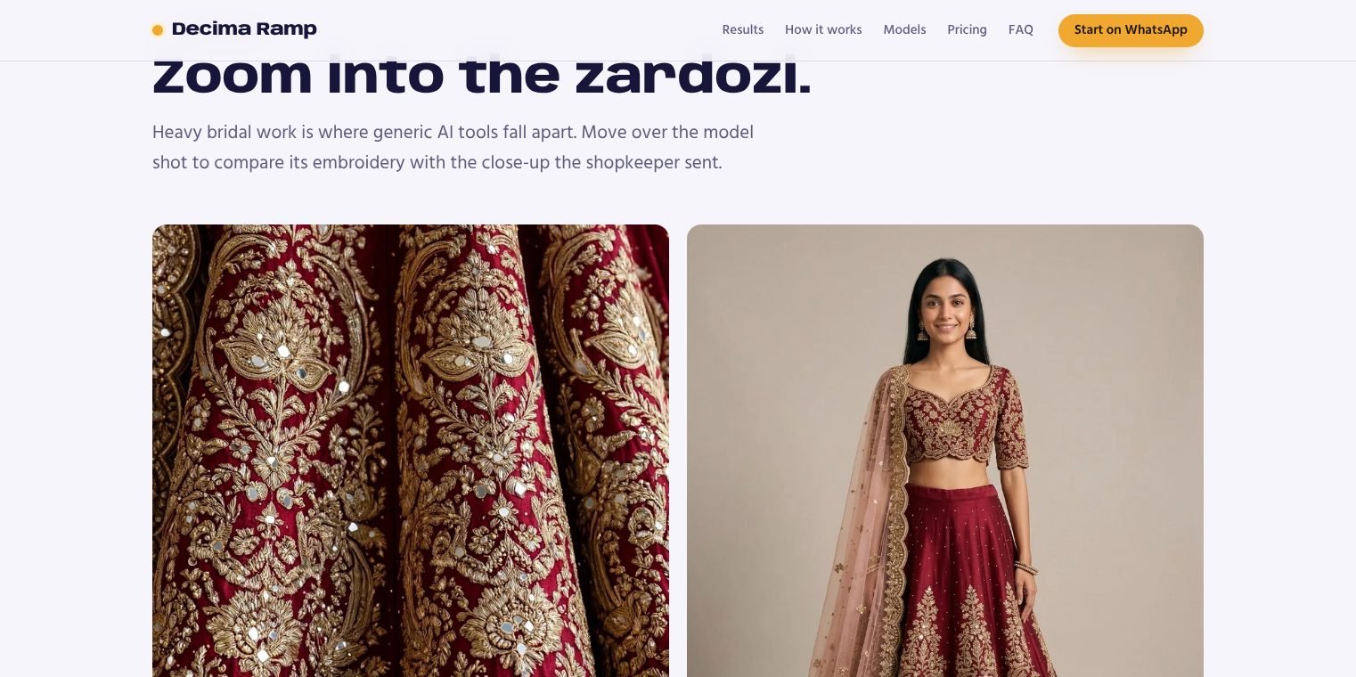 Zoom into the zardozi: a close-up of bridal embroidery next to the model shot
