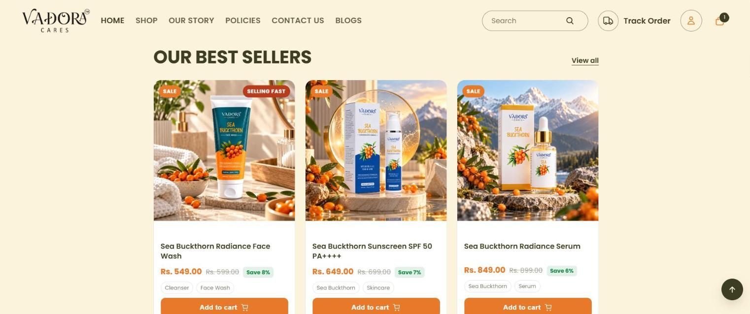 Vadora Cares product cards for the face wash, sunscreen and serum